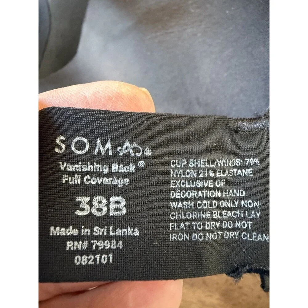 Soma Bra Vanishing Back Full Coverage 38B Solid Black Seamless Underwire NWT